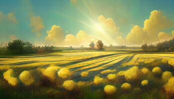 Sommer- sonnig Landschaft mit Schmetterlinge mit Gras und Blumen. generativ ai foto