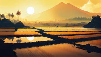 das Schönheit von das Morgen Panorama mit Sonnenaufgang und Reis Felder. Reis Feld im Landschaft. schön Gold Farbe Sonnenuntergang beim Reis Feld. generativ ai. foto