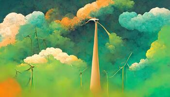 Grün Energie Windmühle. 3d Illustration. generativ ai foto
