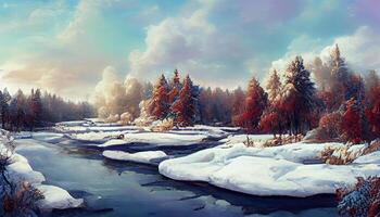 Winter Landschaft mit Schnee im Wald mit gefroren Fluss, detailliert, farbig. generativ ai foto