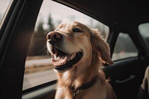 glücklich Hund sieht aus aus von Auto Fenster. Straße Ausflug mit Hund. generativ ai foto