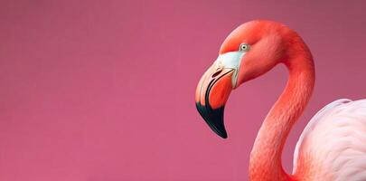 schließen oben Porträt von Flamingo Vogel auf Pastell- farbig Hintergrund. generativ ai foto