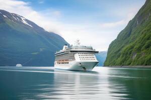 groß Kreuzfahrt Schiff im Fjorde. Tourismus Ferien und Sommer- reisen. generativ ai foto