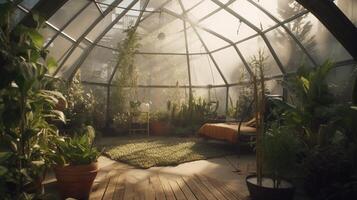 generativ ai, Grün Haus von das Glas, Zeltglas Garten mit ein Menge von Pflanzen. fotorealistisch Wirkung. foto