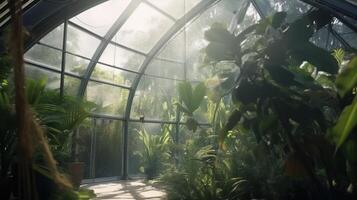 generativ ai, Grün Haus von das Glas, Zeltglas Garten mit ein Menge von Pflanzen. fotorealistisch Wirkung. foto
