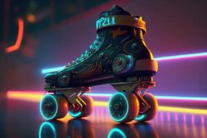 generativ ai, Walze Schlittschuh im Cyberpunk Stil, Disko nostalgisch 80er, 90er. Neon- Nacht Beleuchtung beschwingt Farben, fotorealistisch horizontal Illustration von das futuristisch Stadt. Sport Aktivität Konzept. foto