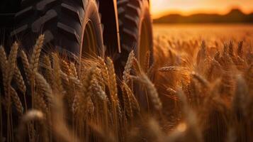 generativ ai, Nahansicht modern kombinieren Mähdrescher auf ein Weizen Feld, Bauernhof Landschaft, landwirtschaftlich schön Landschaft. Natur Illustration, fotorealistisch horizontal Banner. foto