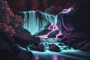 Neon- Wasserfall. Wasser beleuchtet durch mehrfarbig Licht. generativ ai. foto