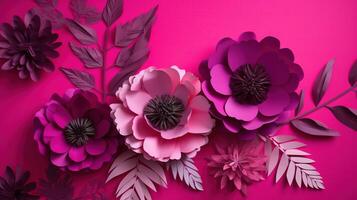 generativ ai, Papier Schnitt Kunst Blumen und Blätter, viva Magenta Farbe, Blumen- Origami texturiert Hintergrund, Frühling Stimmung. fotorealistisch Wirkung. foto