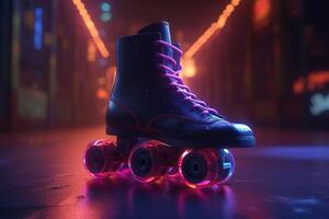 generativ ai, Walze Schlittschuh im Cyberpunk Stil, Disko nostalgisch 80er, 90er. Neon- Nacht Beleuchtung beschwingt Farben, fotorealistisch horizontal Illustration von das futuristisch Stadt. Sport Aktivität Konzept. foto