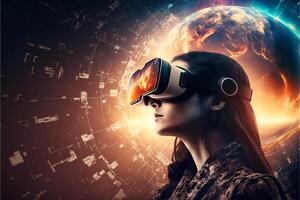 weiblich tragen virtuell Wirklichkeit Brille im virtuell Welt. generativ ai foto