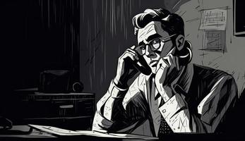 Karikatur Bild von ein Geschäftsmann Sitzung beim seine Büro Schreibtisch, reden auf das Telefon, nehmen Anmerkungen oder Unterzeichnung Unterlagen, abbilden ein beschäftigt Arbeit Umfeld. foto