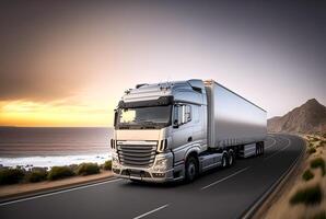 Fracht Transport LKW auf das Straße beim Sonnenuntergang, generativ ai foto