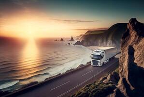 Fracht Transport LKW auf das Straße beim Sonnenuntergang, generativ ai foto