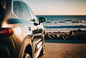 elektrisch suv Autos geparkt im das Küsten Straße mit das Meer im das Hintergrund. generativ ai foto