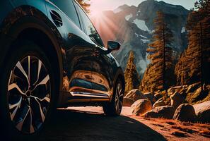 elektrisch suv Autos geparkt im das Aussicht Punkt mit Berge im das Hintergrund. generativ ai foto