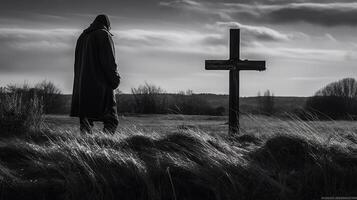 Mann im Vorderseite von ein hölzern Kreuz im das Landschaft. schwarz und Weiß. ai generiert Kunstwerk foto