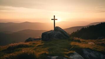 ein hölzern Kreuz auf das oben von Berg . ai generiert Kunstwerk foto