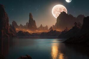das Mond ist steigend beim Mitternacht über das Berg mit ai generiert. foto