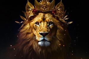das Löwe ist tragen Krone mit ai generiert. foto