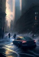 Auto Fahren durch ein überflutet Stadt beim Nacht. generativ ai. foto