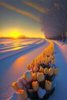 lange Linie von Gelb Tulpen im das Schnee. generativ ai. foto