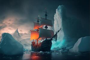 Schiff im ein Körper von Wasser mit Eisberge im das Hintergrund. generativ ai foto