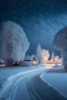 schneebedeckt Straße beim Nacht mit ein Haus im das Distanz. generativ ai. foto