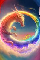 Drachen Sitzung auf oben von ein Regenbogen farbig Welle. generativ ai. foto