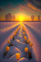 lange Linie von Gelb Tulpen im das Schnee. generativ ai. foto