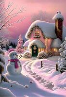 Gemälde von ein Schneemann im Vorderseite von ein Haus. generativ ai. foto