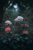 regnerisch Tag. viele Rose im das Wald. Licht und Schatten. generativ ai. foto