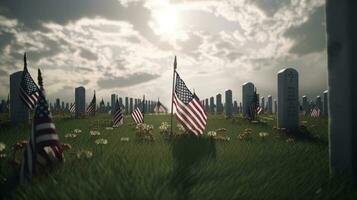 amerikanisch Flagge winken im das Wind Über Sandstein Berge. 3d machen foto