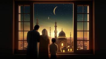 ai generativ Muslim Familie suchen beim Moschee eid Konzept foto