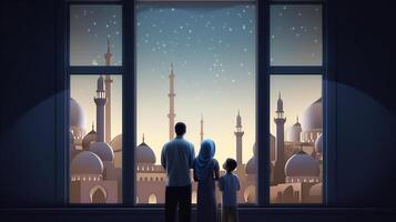 ai generativ Muslim Familie suchen beim Moschee eid Konzept foto