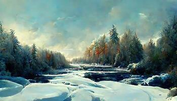 Winter Weihnachten Landschaft mit Wald Baum bedeckt mit Schnee Urlaub Karte Hintergrund. generativ ai foto