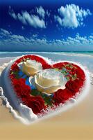 Herz geformt Kuchen Sitzung auf oben von ein sandig Strand. generativ ai. foto