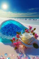 Weiß Rose Sitzung auf oben von ein sandig Strand. generativ ai. foto