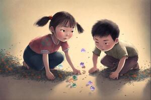 Junge und ein Mädchen sind spielen mit Blasen. generativ ai. foto