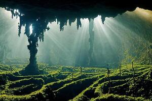 das Sonne scheint durch das Decke von ein Höhle. generativ ai. foto
