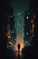 Mann Stehen im das Mitte von ein Stadt beim Nacht. generativ ai. foto