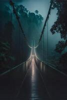 lange Suspension Brücke im das Mitte von ein Wald. generativ ai. foto