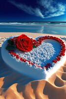 Weiß Teller gekrönt mit ein rot Rose Sitzung auf oben von ein sandig Strand. generativ ai. foto