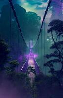Suspension Brücke im das Mitte von ein Wald. generativ ai. foto