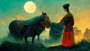 Gemälde von ein Frau Stehen Nächster zu ein Pferd. generativ ai. foto