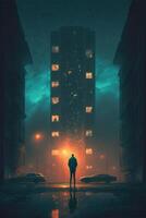 Mann Stehen im Vorderseite von ein hoch Gebäude beim Nacht. generativ ai. foto