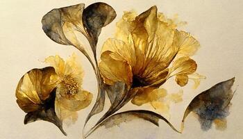 elegant Blumen mit golden Blätter und Geäst auf ein dunkel Hintergrund. generativ ai foto