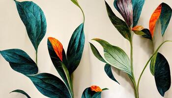 Hintergrund mit Pflanzen, Blätter, und Blumen mit Fett gedruckt Elemente. generativ ai foto