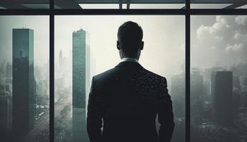 Geschäft Mann suchen aus durch das Büro Balkon gesehen durch Glas Fenster. jung Mann suchen beim Dubai Stadt durch Hotel Fenster, generieren ai foto