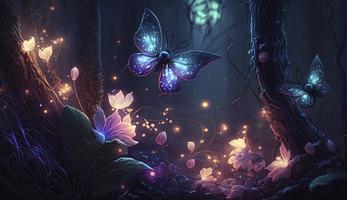 Fee Wald beim Nacht, Fantasie glühend Blumen, Schmetterling und Beleuchtung, generieren ai foto